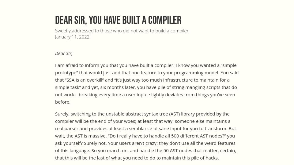 Screenshot of rachit.pl: Dear sir, you have built a compiler (2022)