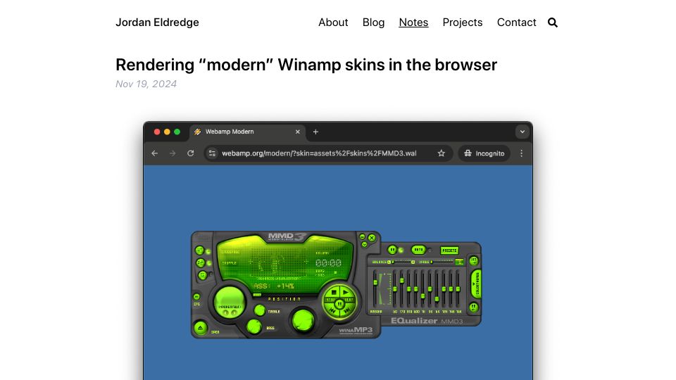 Screenshot of jordaneldredge.com: Rendering "modern" Winamp skins in the browser