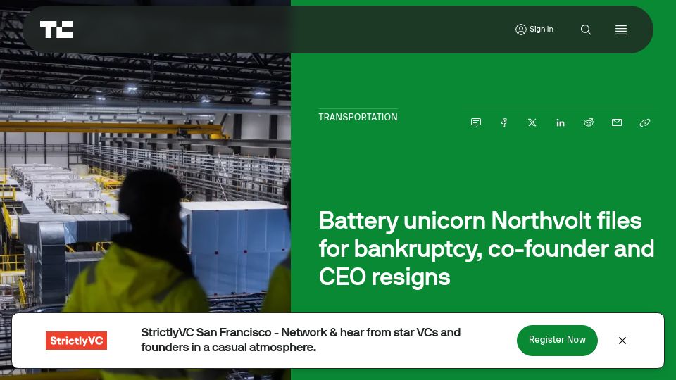 Screenshot of techcrunch.com: Battery unicorn Northvolt files for bankruptcy, co-founder and CEO resigns