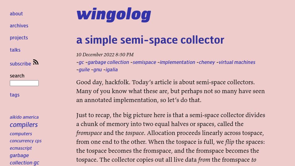 Screenshot of wingolog.org: A simple semi-space collector – wingolog (2022)