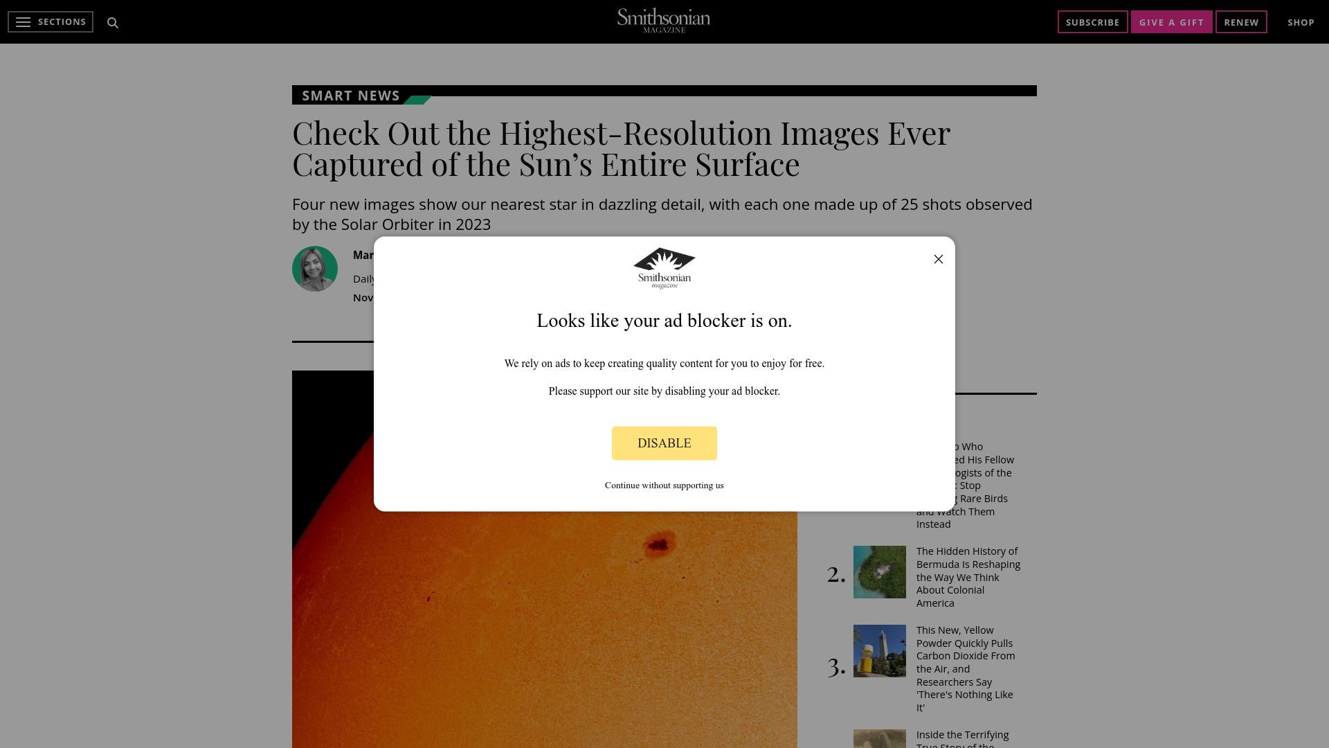 Screenshot of smithsonianmag.com: Highest-resolution images ever captured of the sun’s surface