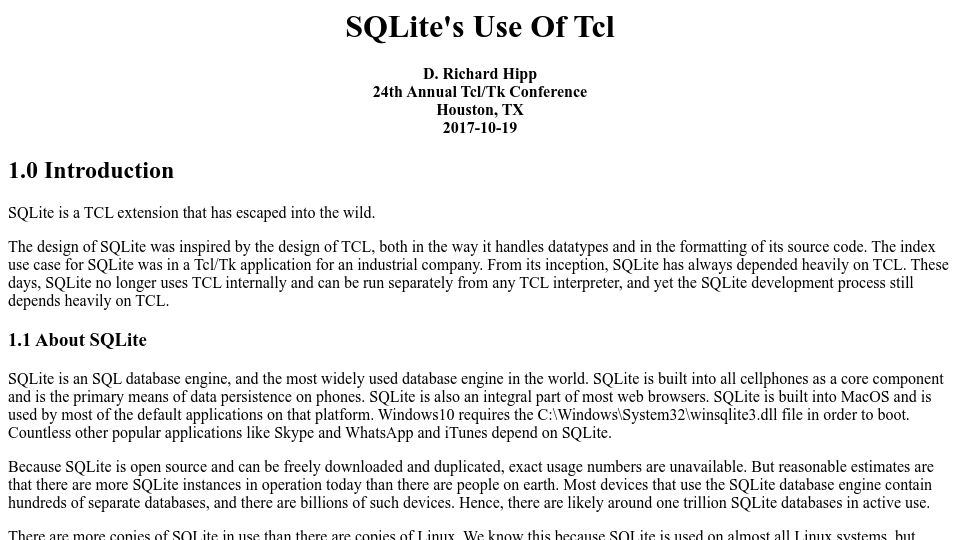 Screenshot of tcl.tk: SQLite’s Use of Tcl (2017)