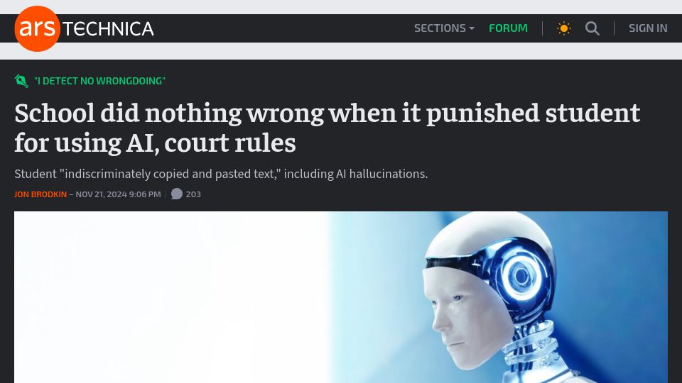 Screenshot of arstechnica.com: School did nothing wrong when it punished student for using AI, court rules
