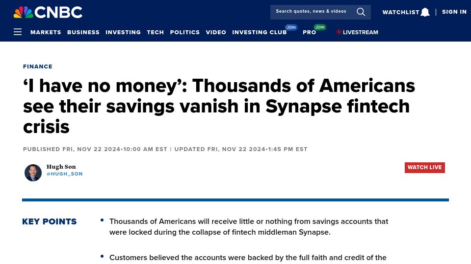 Screenshot of cnbc.com: Americans see their savings vanish in Synapse fintech crisis