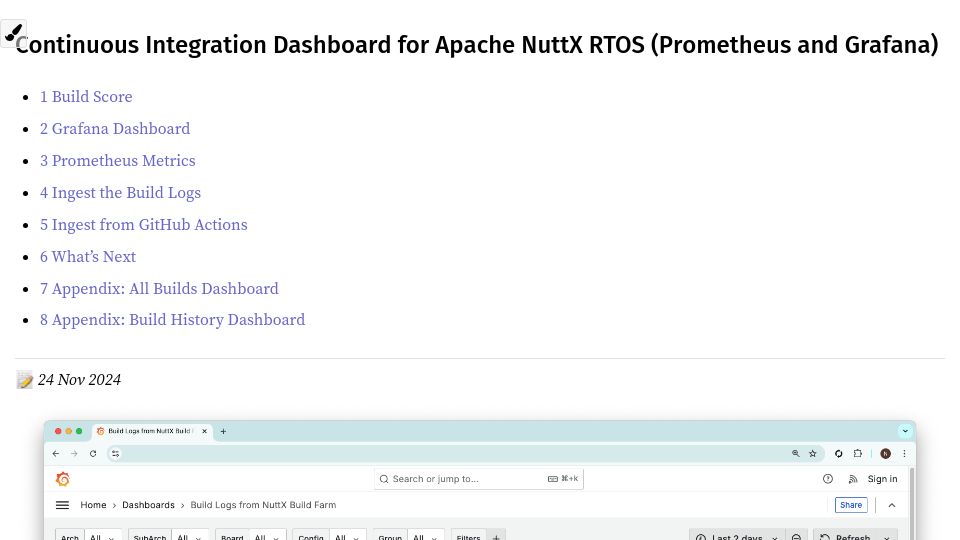 Screenshot of lupyuen.github.io: Continuous Integration Dashboard for Apache NuttX RTOS (Prometheus and Grafana)