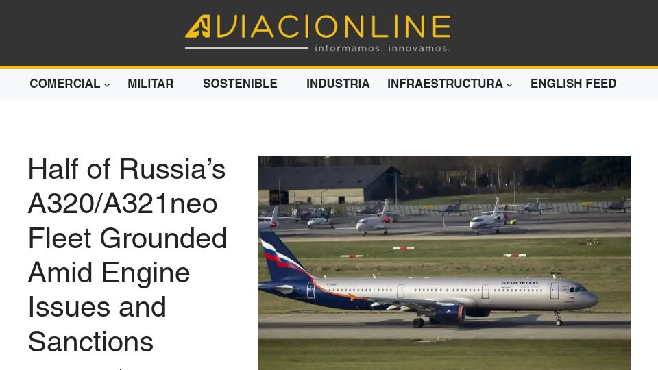Screenshot of aviacionline.com: Half of Russia's A320/A321neo Fleet Grounded Amid Engine Issues and Sanctions