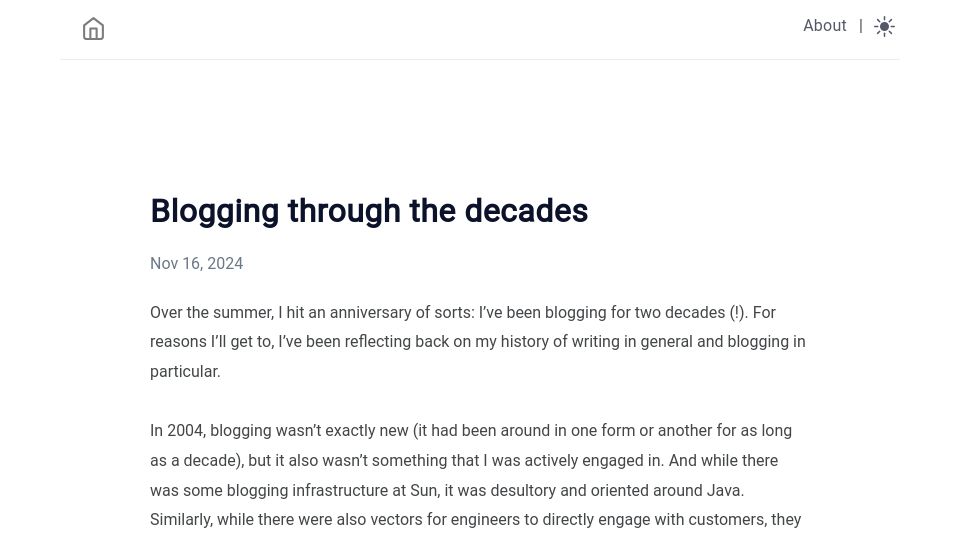 Screenshot of bcantrill.dtrace.org: Blogging Through the Decades