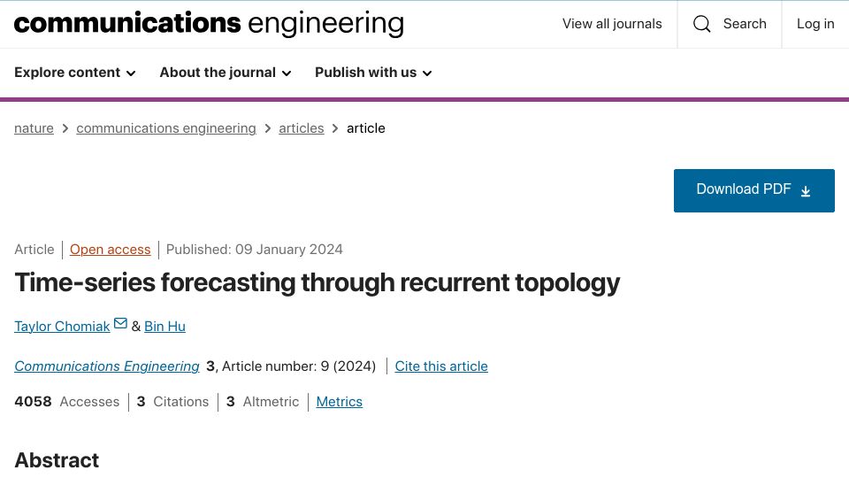 Screenshot of nature.com: Time-series forecasting through recurrent topology