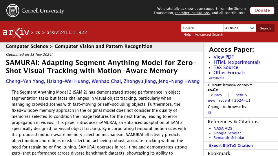Screenshot of arxiv.org: Samurai: Adapting Segment Anything Model for Zero-Shot Visual Tracking