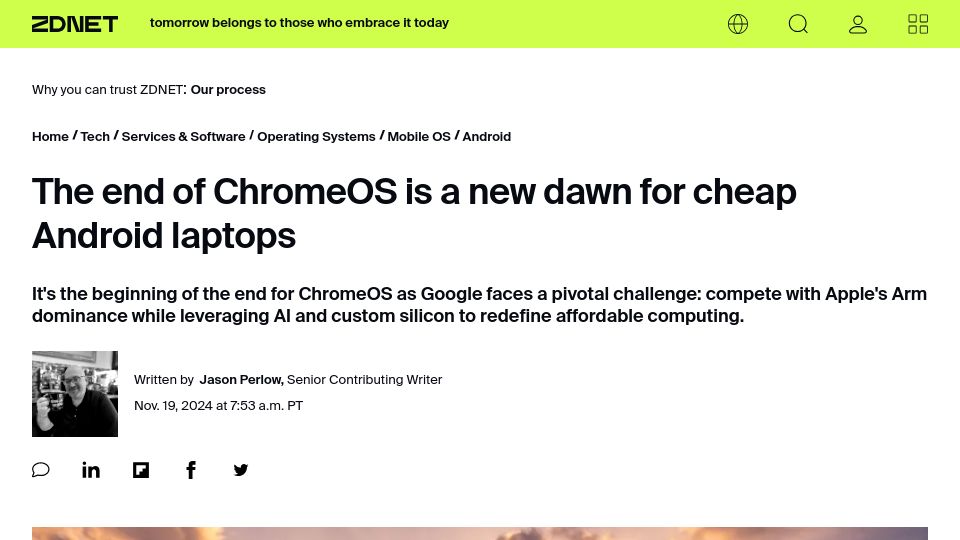 Screenshot of zdnet.com: The end of ChromeOS is a new dawn for cheap Android laptops