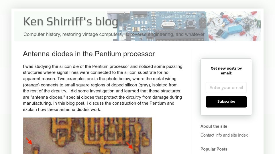 Screenshot of righto.com: Antenna Diodes in the Pentium Processor