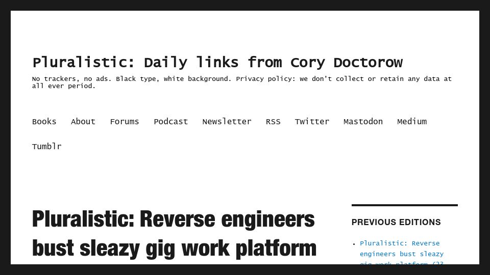 Screenshot of pluralistic.net: Reverse engineers bust sleazy gig work platform