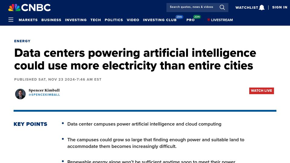 Screenshot of cnbc.com: AI Data Centers May Consume More Electricity Than Entire Cities