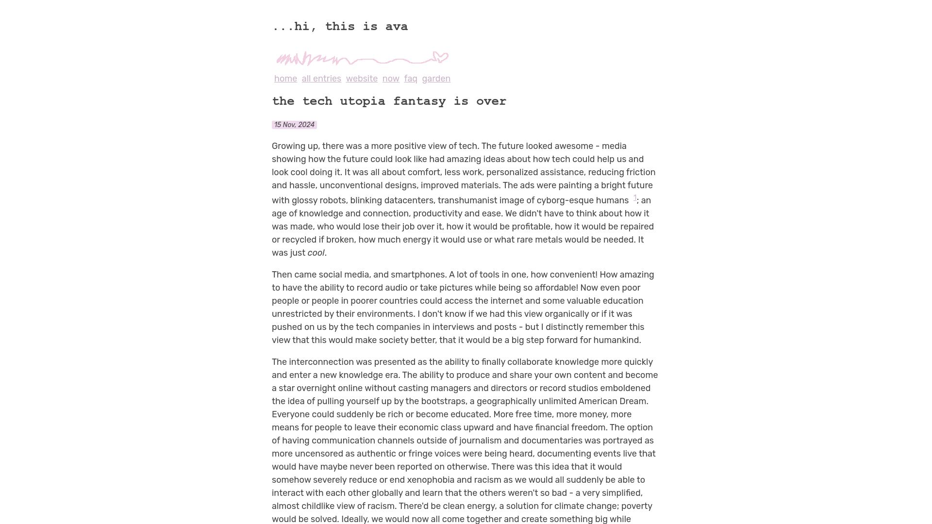 Screenshot of blog.avas.space: The tech utopia fantasy is over