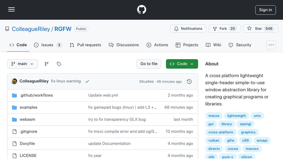 Screenshot of github.com: RGFW: Single-header C99 window abstraction library