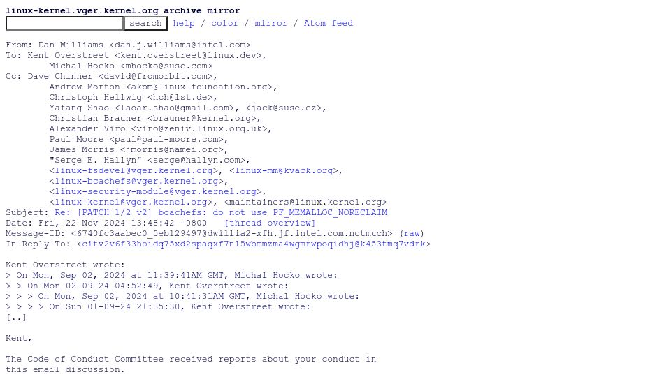 Screenshot of lore.kernel.org: Linux CoC Announces Decision Wrt Kent Overstreet (Bcachefs)