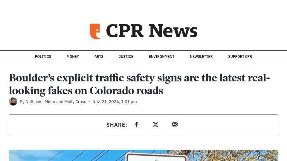 Screenshot of cpr.org: Boulder's explicit traffic safety signs are the latest fakes on CO roads