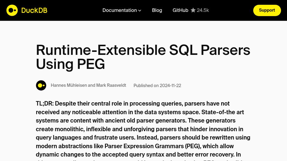 Screenshot of duckdb.org: Runtime-Extensible SQL Parsers Using Peg