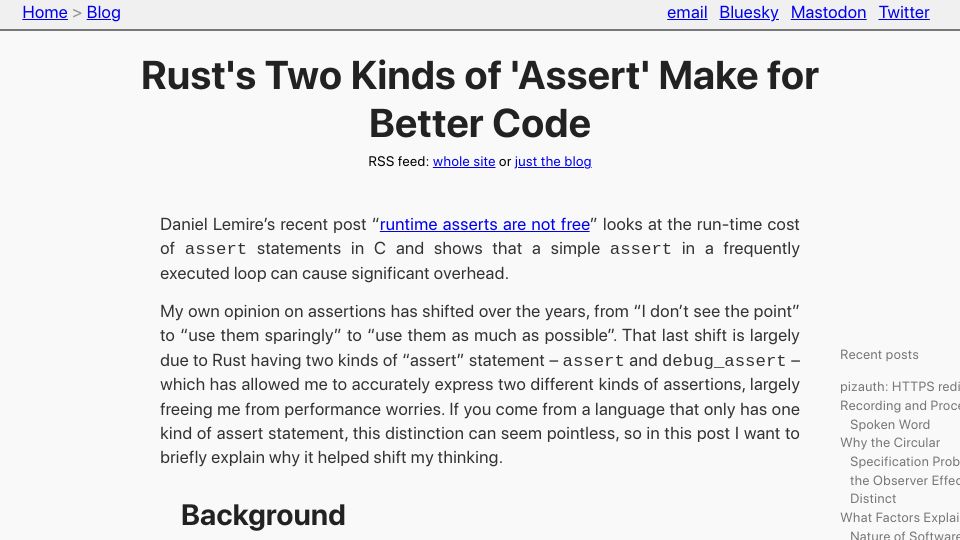 Screenshot of tratt.net: Rust's Two Kinds of 'Assert' Make for Better Code