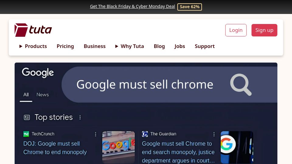 Screenshot of tuta.com: Win for Internet freedom: Google must sell its Chrome browser