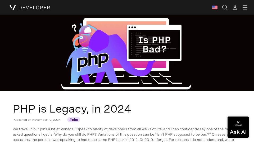Screenshot of developer.vonage.com: PHP Is Legacy, in 2024