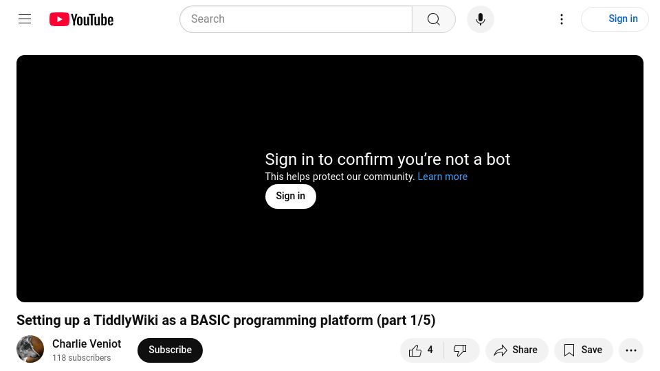 Screenshot of youtube.com: Setting up TiddlyWiki as a BASIC programming platform
