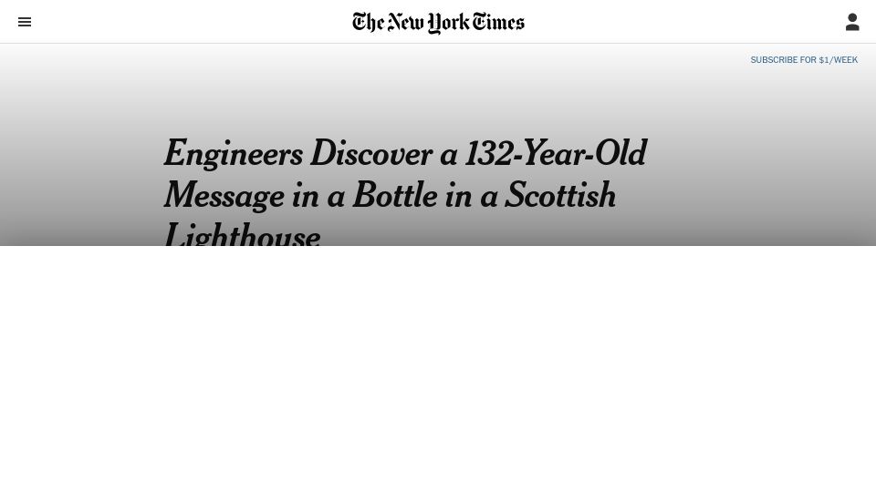 Screenshot of nytimes.com: A 132-Year-Old Message in a Bottle in a Scottish Lighthouse