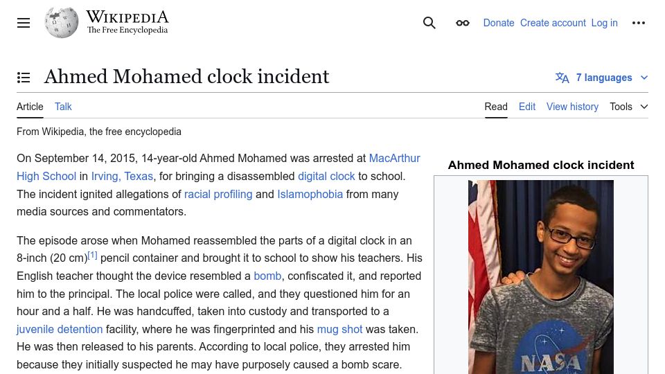 Screenshot of en.wikipedia.org: Ahmed Mohamed Clock Incident