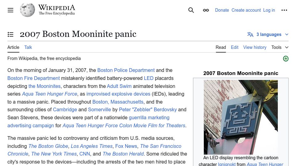 Screenshot of en.wikipedia.org: 2007 Boston Mooninite Panic