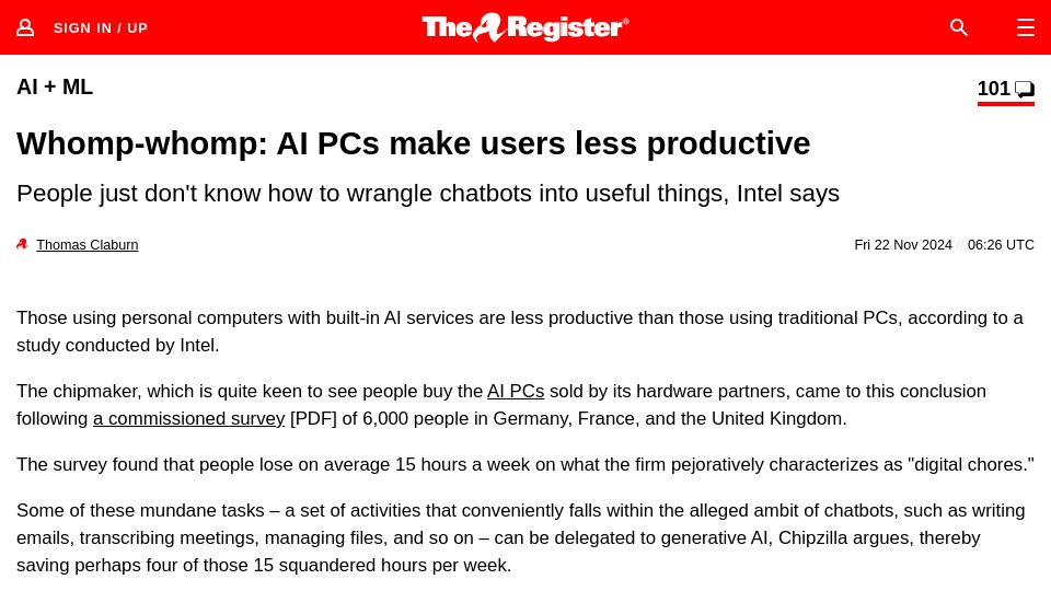 Screenshot of theregister.com: AI PCs make users less productive