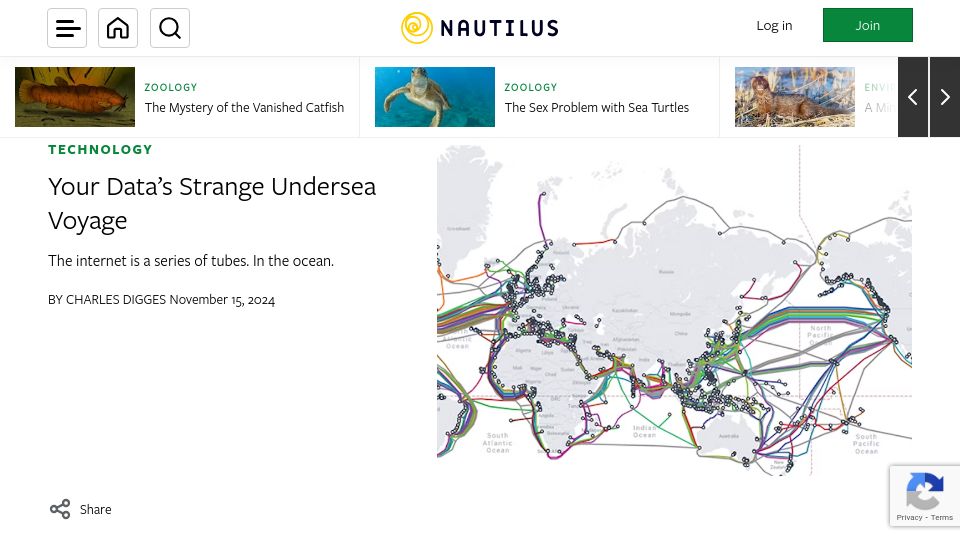Screenshot of nautil.us: Undersea Cables Connect the Global Internet