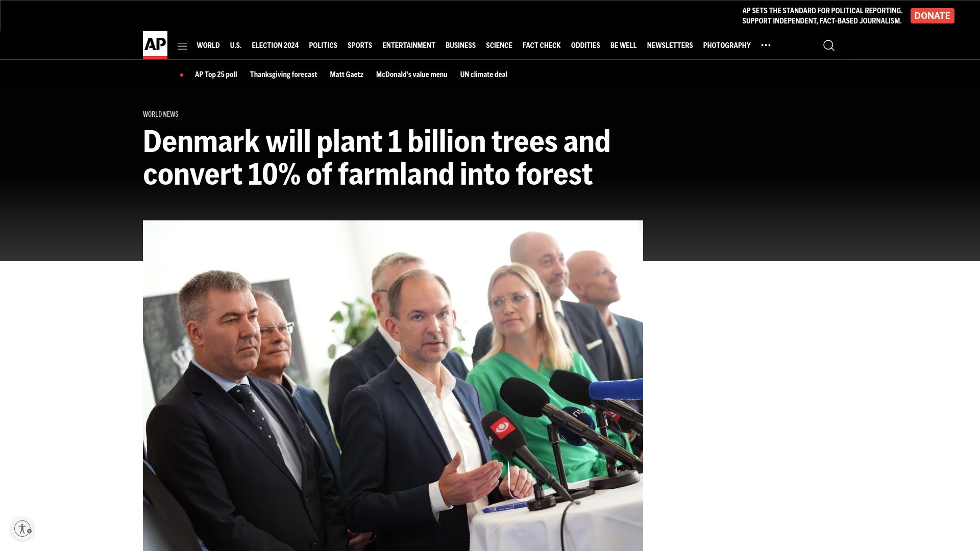Screenshot of apnews.com: Denmark will plant 1B trees and convert 10% of farmland into forest
