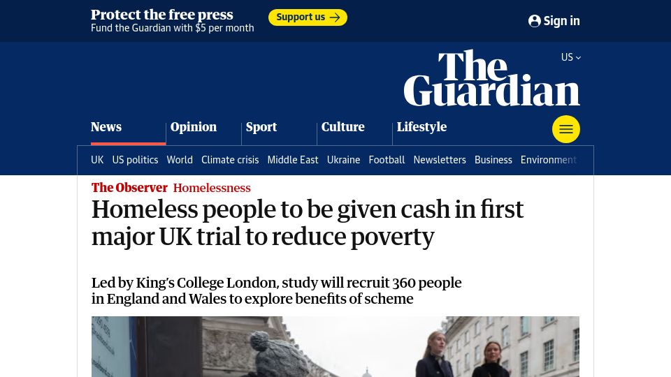 Screenshot of theguardian.com: Homeless people to be given cash in first major UK trial to reduce poverty