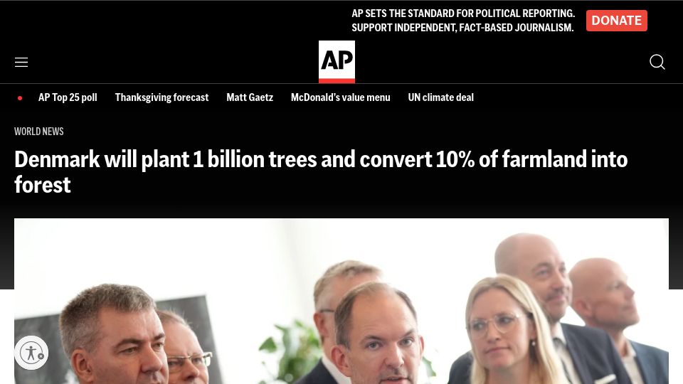 Screenshot of apnews.com: Denmark will plant 1B trees and convert 10% of farmland into forest