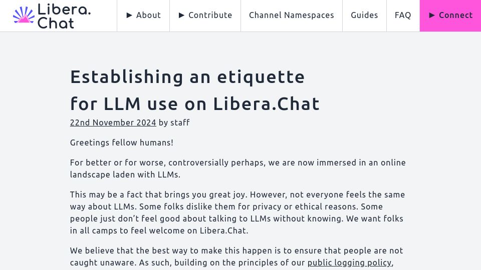 Screenshot of libera.chat: Establishing an etiquette for LLM use on Libera.Chat