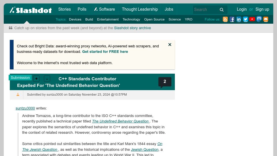 Screenshot of slashdot.org: C++ Standards Contributor Expelled for 'The Undefined Behavior Question'