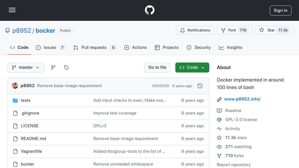 Screenshot of github.com: Bocker: Docker implemented in around 100 lines of Bash (2015)