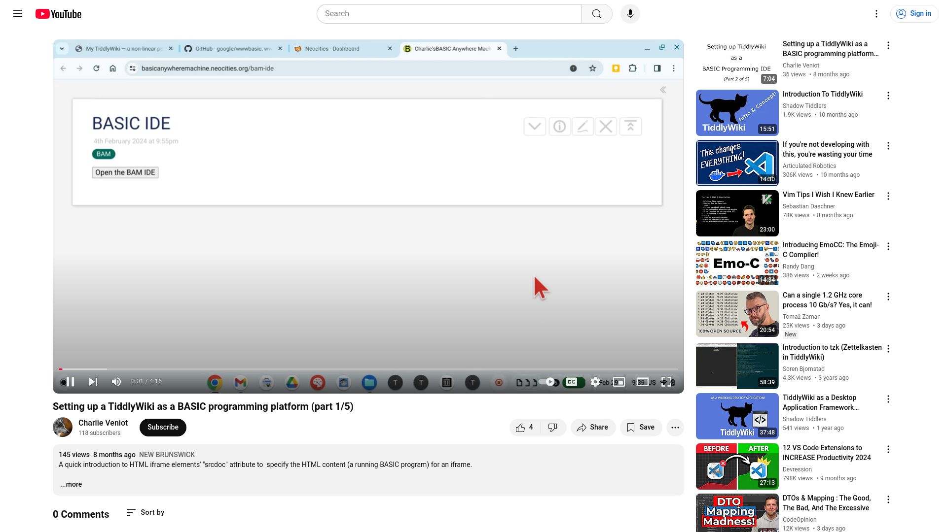 Screenshot of youtube.com: Setting up TiddlyWiki as a BASIC programming platform