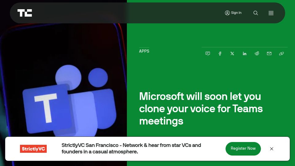 Screenshot of techcrunch.com: Microsoft will soon let you clone your voice for Teams meetings