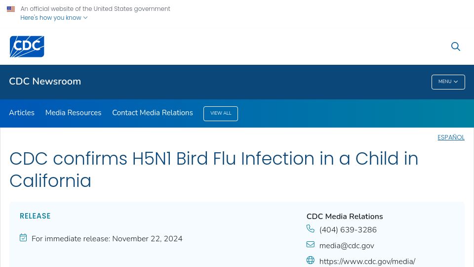 Screenshot of cdc.gov: CDC Confirms H5N1 Bird Flu Infection in California Child: First Child Case in US