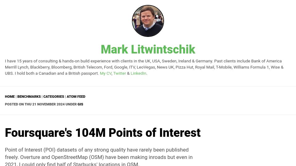 Screenshot of tech.marksblogg.com: Foursquare's 104M Points of Interest