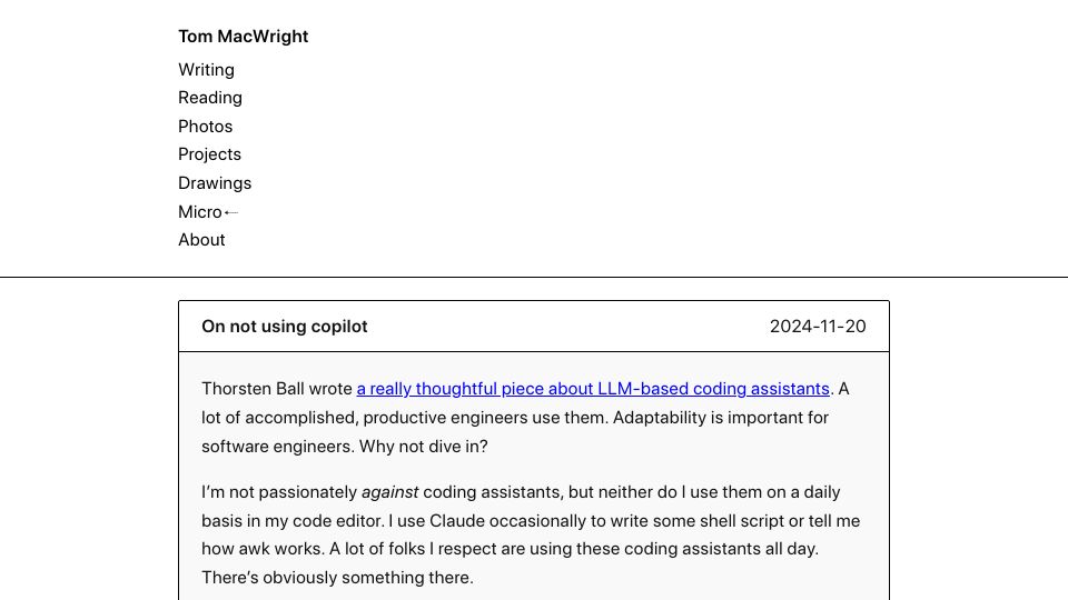 Screenshot of macwright.com: Not Using Copilot