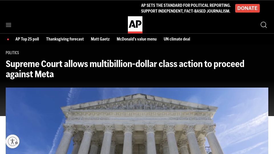 Screenshot of apnews.com: Supreme Court allows multibillion-dollar class action to proceed against Meta