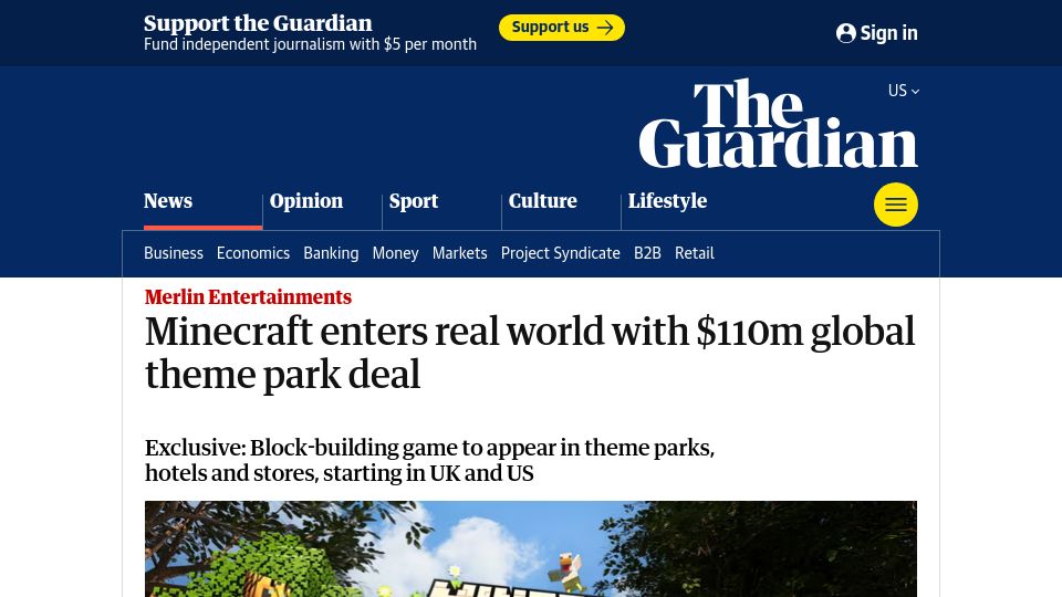 Screenshot of theguardian.com: Minecraft enters real world with $110M global theme park deal