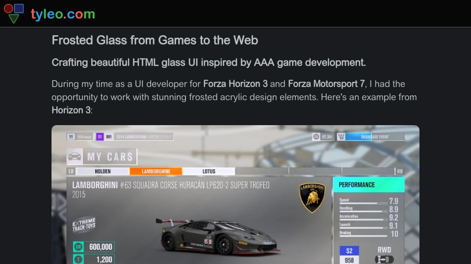 Screenshot of tyleo.com: Frosted glass from games to the web