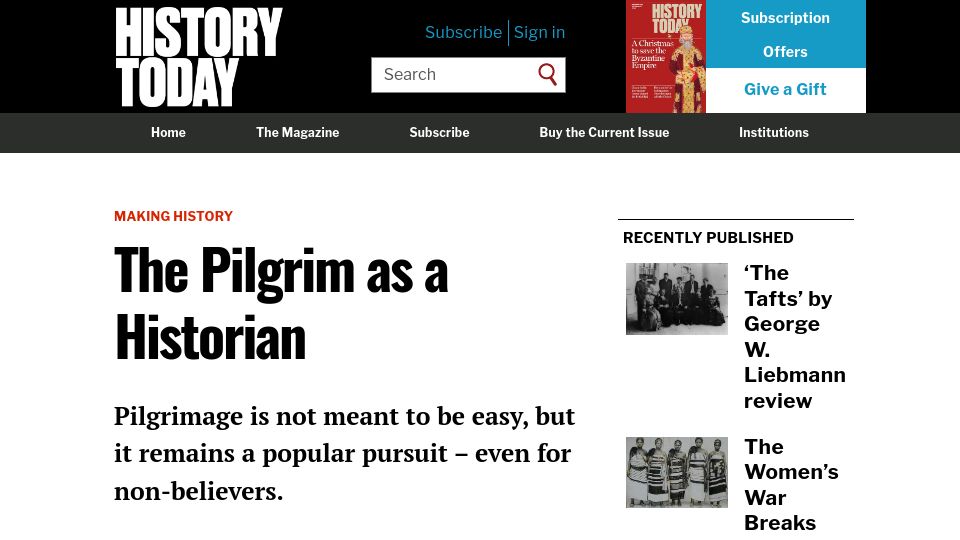 Screenshot of historytoday.com: The Pilgrim as a Historian