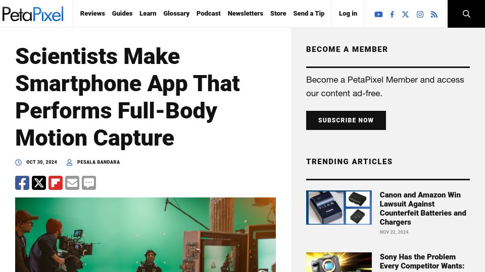Screenshot of petapixel.com: Scientists Make Smartphone App That Performs Full-Body Motion Capture