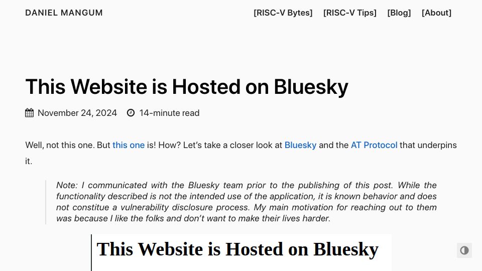 Screenshot of danielmangum.com: This website is hosted on Bluesky