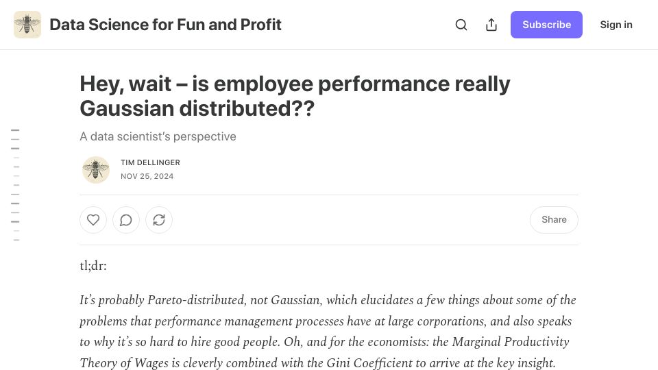 Screenshot of timdellinger.substack.com: Hey, wait – is employee performance Gaussian distributed?