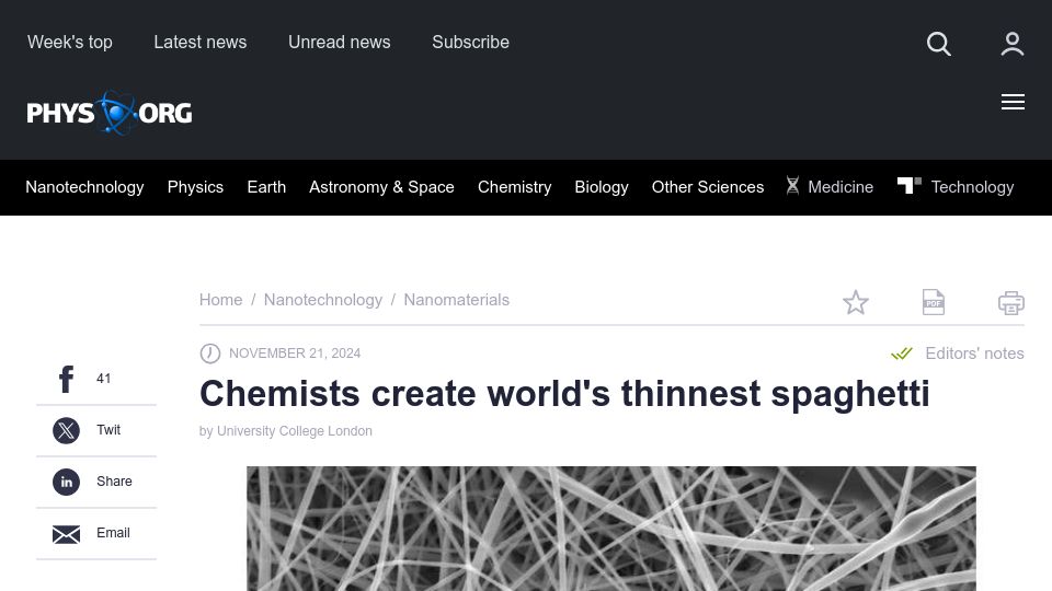 Screenshot of phys.org: Chemists Create World's Thinnest Spaghetti